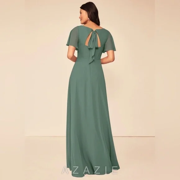 Azazie Sage Green Flutter Sleeve Maxi Gown Size A4 - Picture 2 of 7